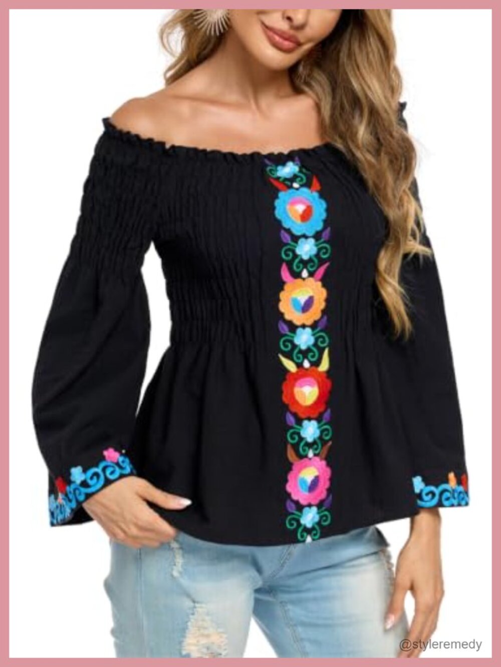 Women Embroidered Off Shoulder Peasant Blouse Puff Sleeve Floral Top